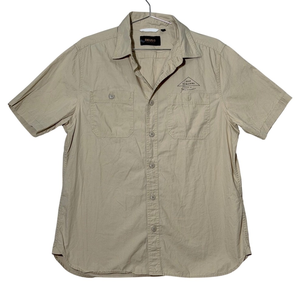 Deus Ex Machina Button Down Shirt Mens Large Tan Short Sleeve Workwear Graphic
